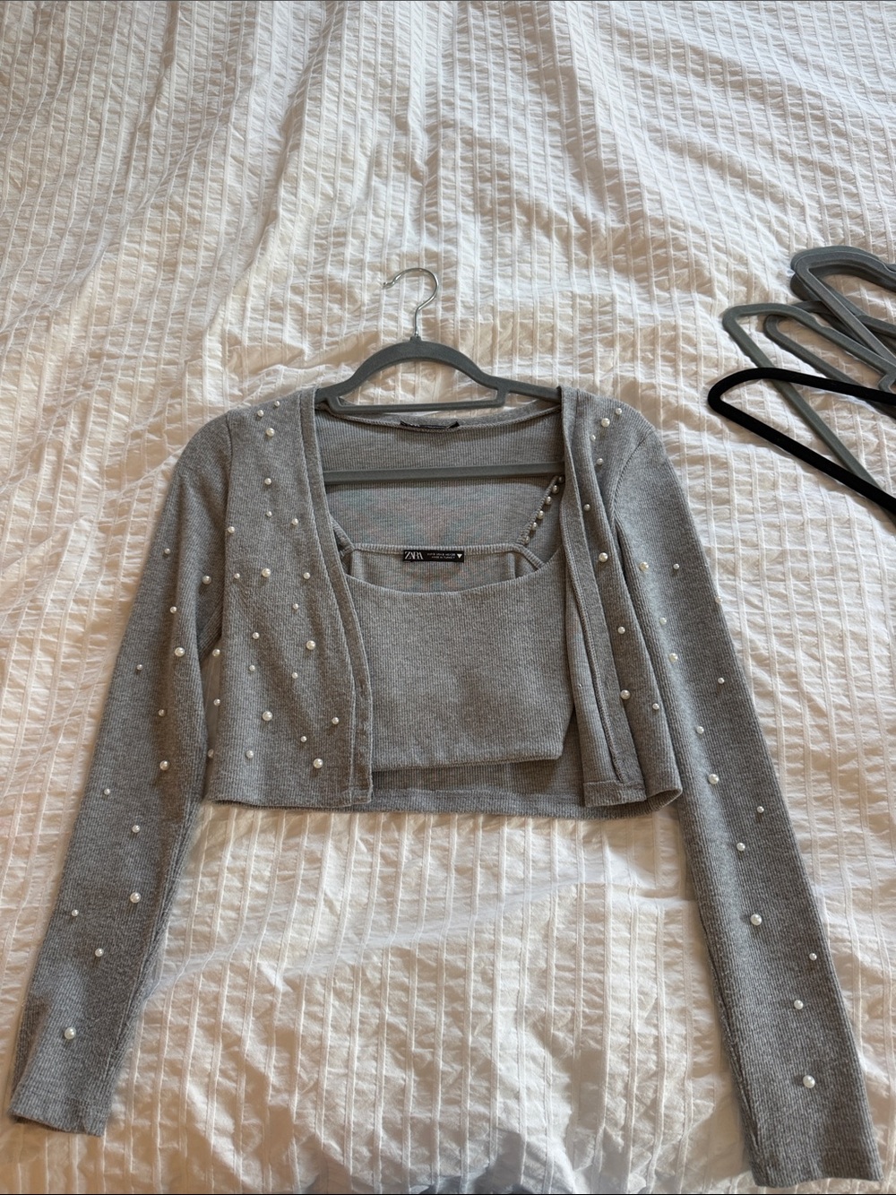 Zara Gray Pearl-Accent Cropped Cardigan & Tank Set